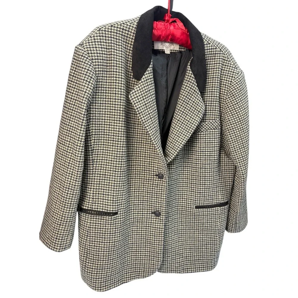 Vintage RZR Leather Wool Houndstooth Blazer Jacket Womens 24W Leather Trim EUC - Picture 2 of 10